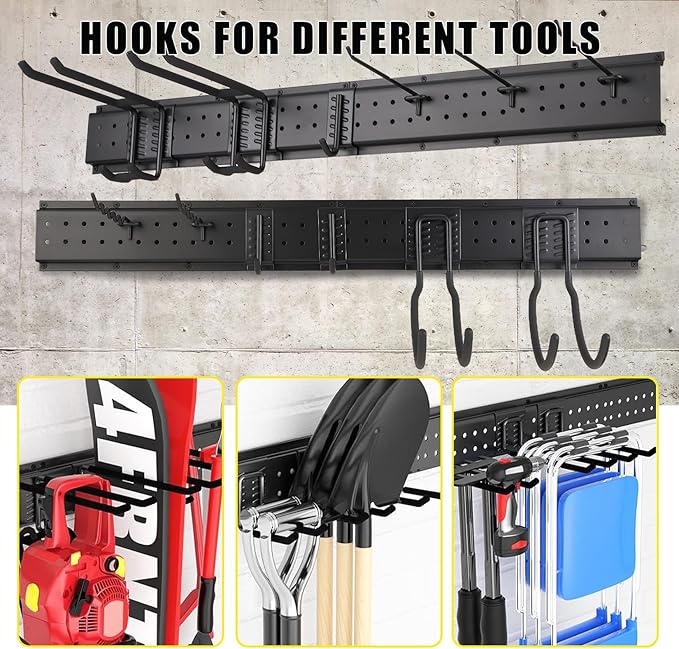 Garvee Garage Tool Organizer Wall Mount, 64 Inch Heavy Duty Garden Tool Storage Organization with 12 Adjustable Hooks, 16 Pack Yard shed Tool Organizer System for Shovel Rake Broom Ladders