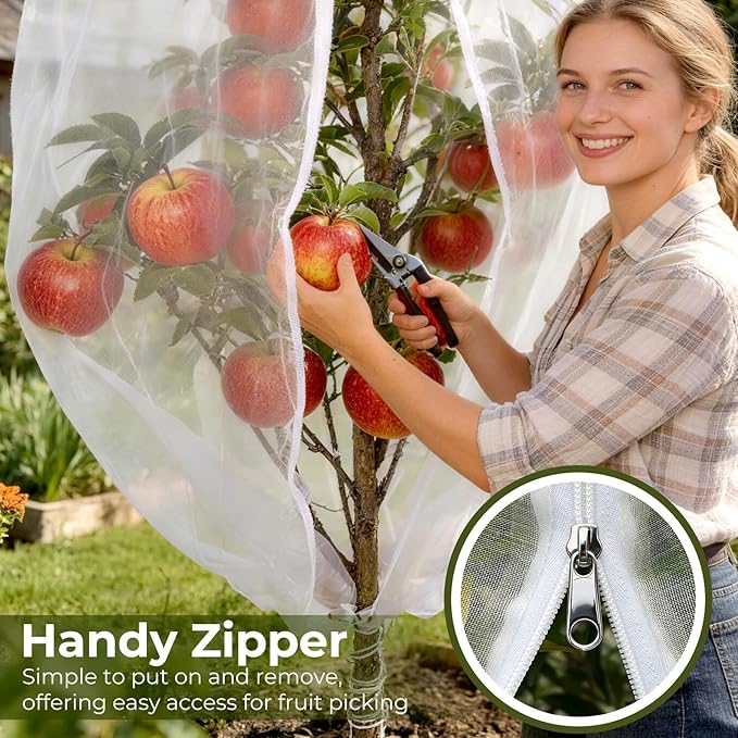 Fruit Tree Netting Cover with Zipper & Drawstring, 10ft x 10ft Insect Bird Barrier Netting for Garden Protection, Ultra Fine Mesh Garden Netting Pest Barrier, Extra Large, 1 Pack