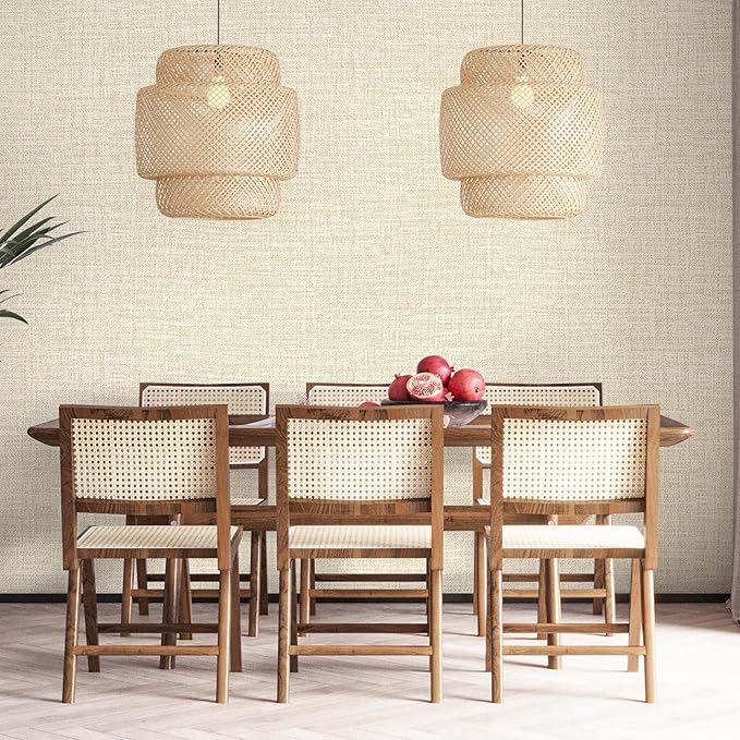 Beige Grasscloth Peel and Stick Wallpaper 17.3"x300" Faux Linen Textured