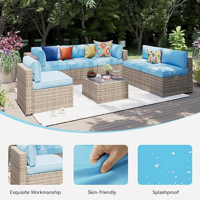 Aoxun 14pcs Patio Cushion Covers Replacement, Waterproof Outdoor Furniture Cushion Covers with Zipper and Non-Slip Bottom, Patio Sofa Couch 3 Sizes for Patio Sectional, Covers Only (Sky Blue)