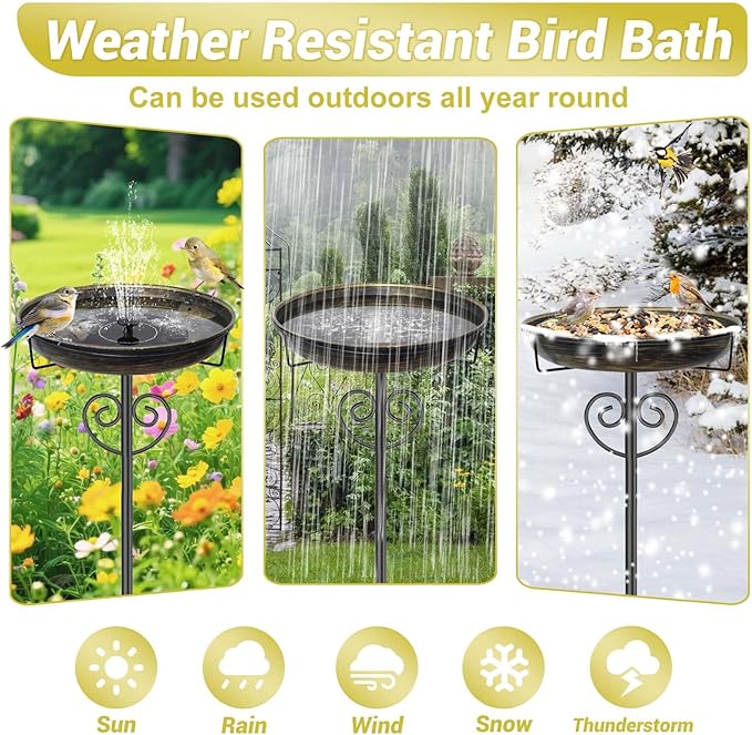 Metal Bird Bath for Outdoor, Garden Freestanding Birdbaths & Birdfeeders with Removable Bird Baths Feeder Bowl with 5 Prong Base Stake for Outside Garden Patio Yard Lawn Decor (Vintage Gold)