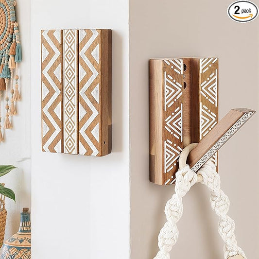 Boho Foldable Wall Hooks: Decorative Wooden Coat Hooks 2Pack Mounted