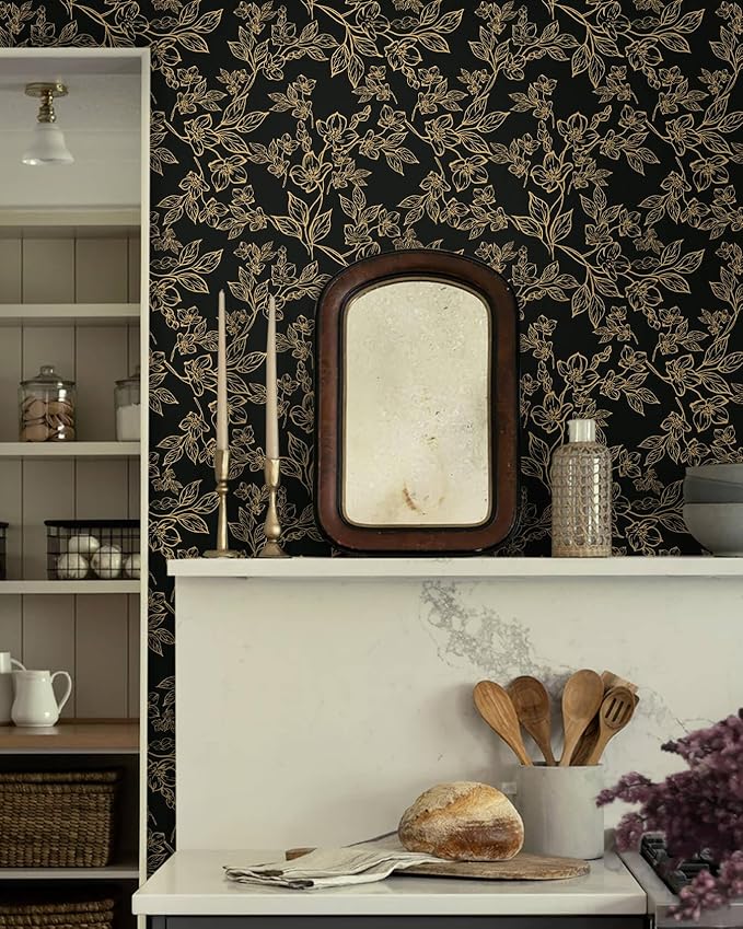Ismoon Peel and Stick Wallpaper Black and Gold Stick on Wallpaper Dark Floral