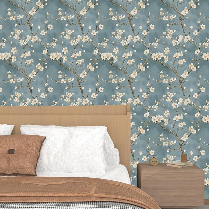 Vintage Floral Wallpaper Peel and Stick Blue White Flowers Contact Paper Vinyl