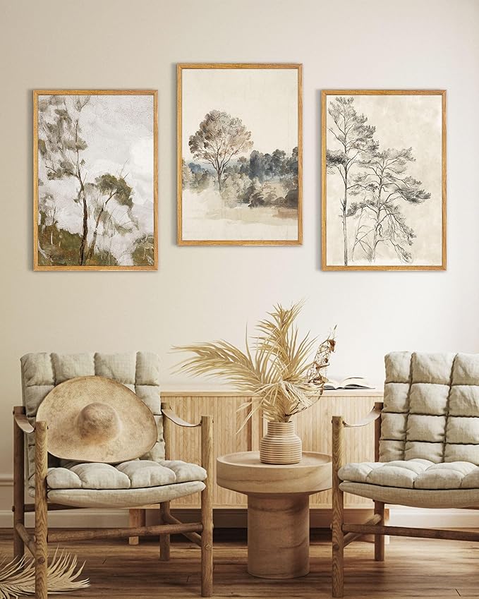 UPWOIGH Large Framed Wall Art, Set of 3 Vintage Muted Landscape Prints, 16x24 in Natural Cotton Posters with Trees, North Botanical Decor, Farmhouse Aesthetic for Living Room, Bedroom