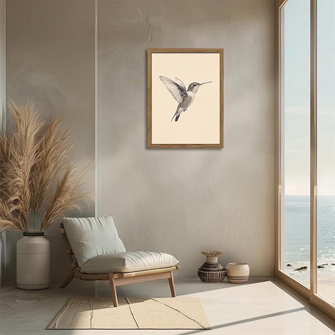 Vintage Framed Wall Art, Birds Canvas Prints, Hummingbird Sketch Painting