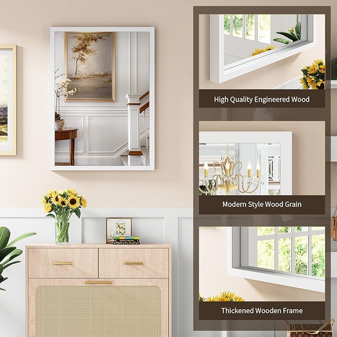 Syndra White Wood Frame Bathroom Mirror, Waterproof Slim Deep Frame,