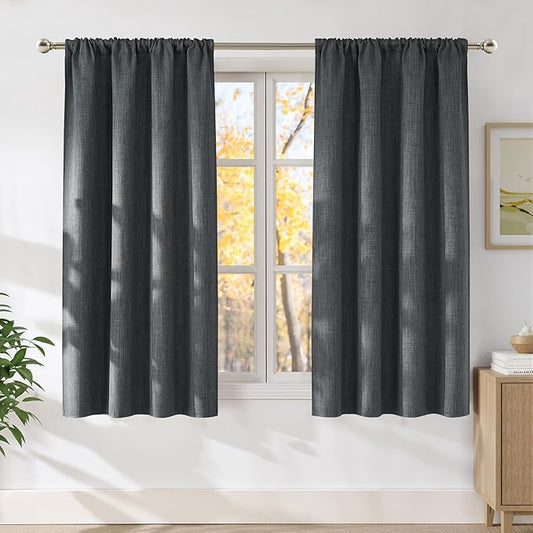 NICETOWN Charcoal Gray Faux Linen Room Darkening Rod Pocket Curtains 63 inch