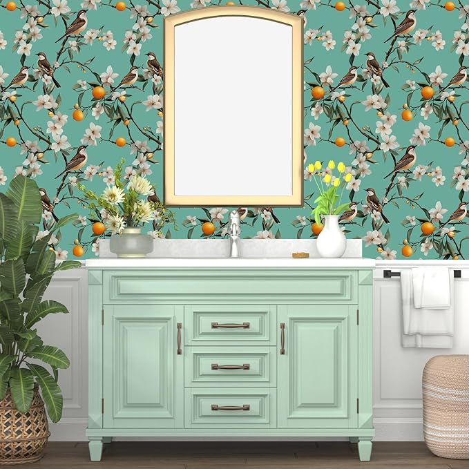 Teal White Bird Floral Wallpaper Peel and Stick, Fresh Orange Tree Contact Paper