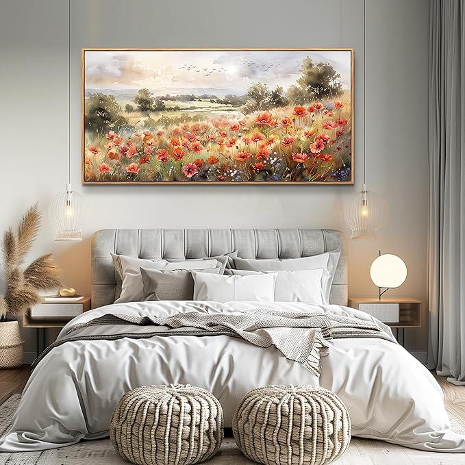 QIYILEXWART Large Wall Decor For Living Room Canvas Wall Art For Office Modern Wall Decorations For Bedroom Red Blooms Field Landscape Painting Farmhouse Pictures Artwork Room Home Decor 24x48 In