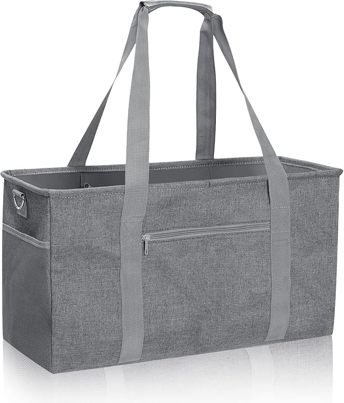 GARPROVM Extra Large Grocery Tote Bag, 42L Reusable Grocery Bags, Foldable Shopping Bag Beach Bag Shopping Basket Utility Tote with Metal Frame Removable Shoulder Strap Bottom, 22"x9.8"x11.8"