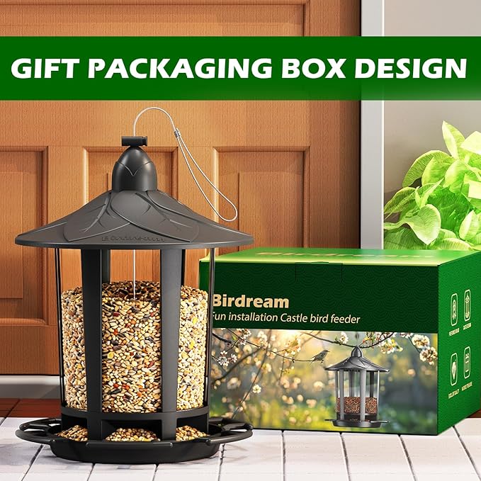 Birdream 2 Pack Bird Feeders for Outdoor Hanging, Assembly Required, 1-Min Easy Setup, Charming Castle Design, Attracting Cardinals Chickadees Goldfinches & Sparrows - Black