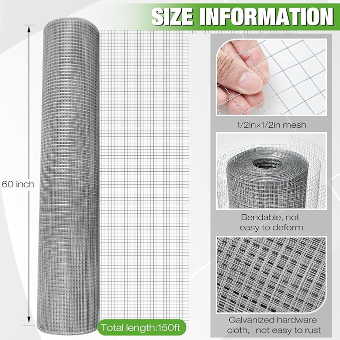 Tatuo Hardware Cloth 1/2 Inch 60in x 150ft Hot Dip Galvanized After Welded Cage Mesh Rolls 21 Gauge Metal Chicken Wire Roll Wire Fencing Poultry Netting for Raised Garden Rodent Animals