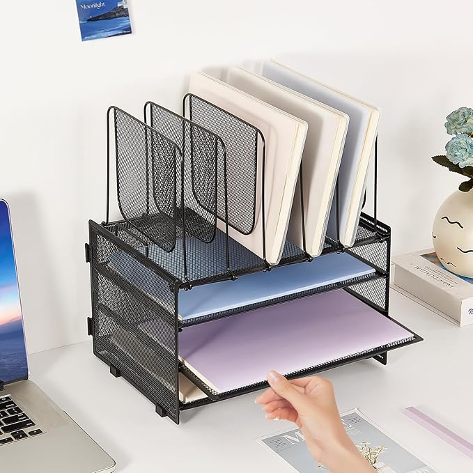 LEKETREE Desk Organizers and Accessories, 3-Tier Paper Organizer with 5 Vertical File Holders, File Folder Organizer (Black, 3T)