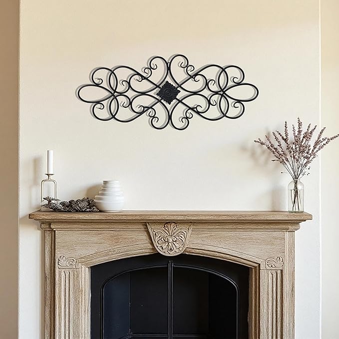 Sintosin Black Wrought Iron Wall Decor 32" x 13", Hanging Flower Scroll Metal Wall Art Decor, Living Room Wall Decor, Vintage House Decorations for Indoor Outdoor Fireplace Bedroom