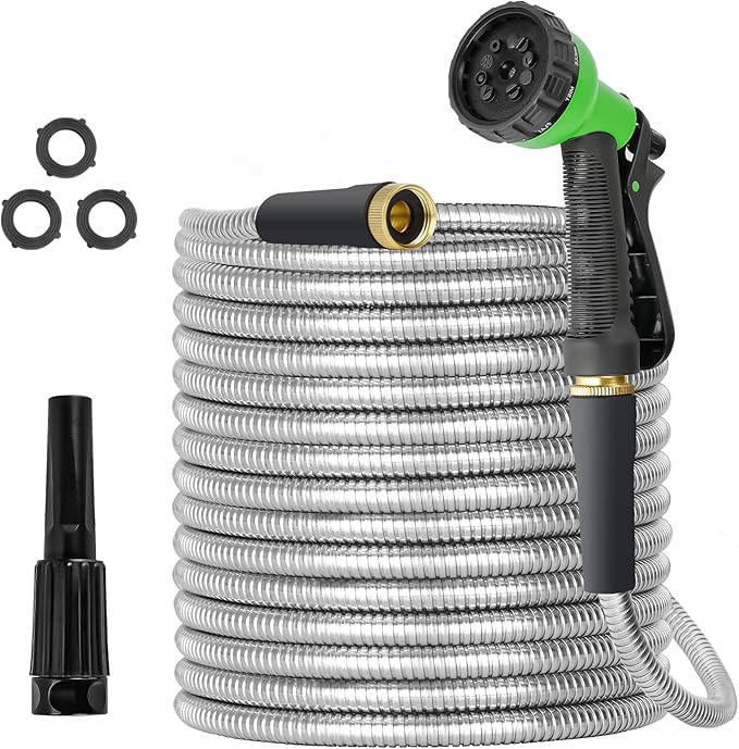 TVKB Metal Garden Hose 25ft Stainless Steel Metal water Hose Super Tough & Flexible Water pipe Lightweight, Crush Resistant Aluminum Fittings, Kink & Tangle Free, Rust Proof