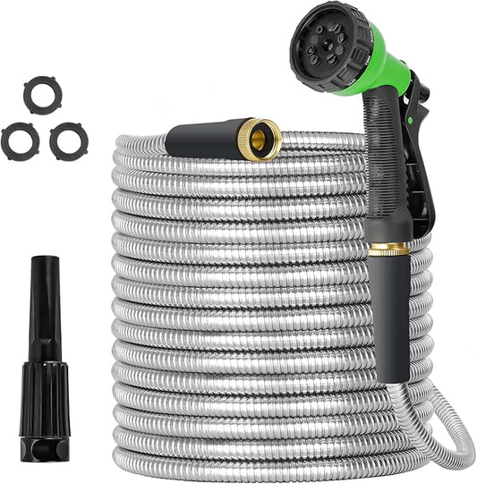 TVKB Metal Garden Hose 75ft Stainless Steel Water Hose Super Tough Flexible Water Pipe with 3/4 inch Brass Fittings and Sprayer Nozzle, Kink & Tangle Free, Rust Proof