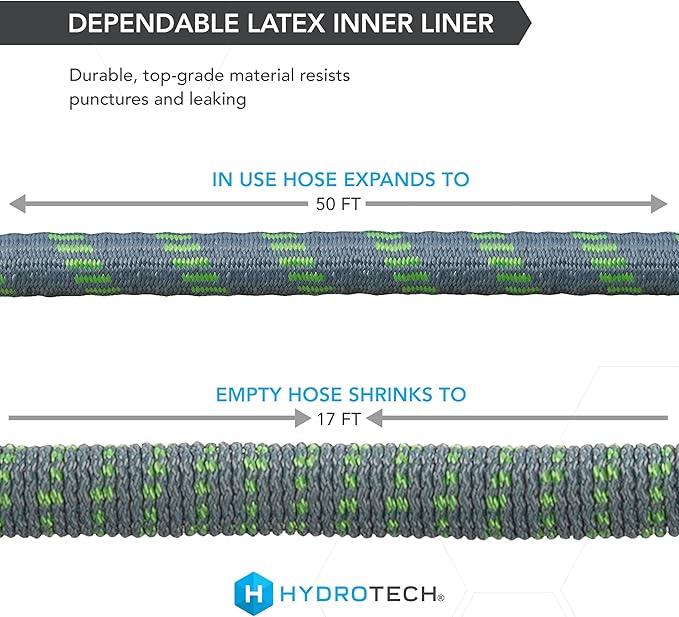HydroTech 50 ft Expandable Garden Hose - Burst Proof & Lightweight, Flexible Water Hose with Durable Reinforced Latex Core & Solid Brass Fittings for Lawn, Garden, Car Washing