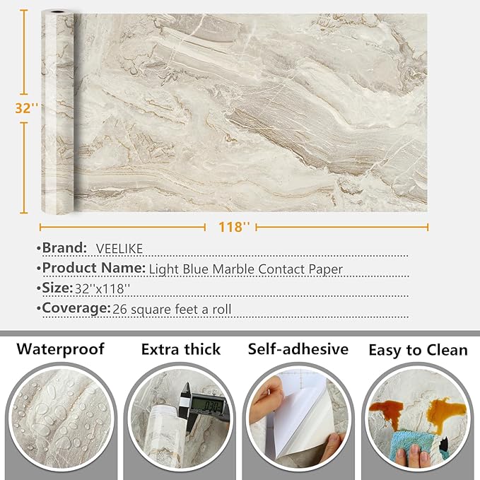 VEELIKE Large Size Marble Contact Paper Peel and Stick Countertops