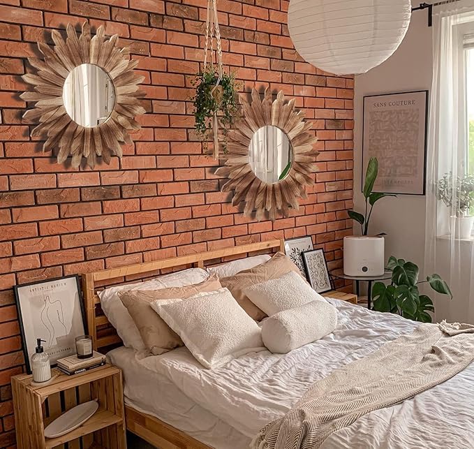 LOSOUR 2 Pack 22 Inch Boho Wall Sunburst Mirror Rustic Round Wood Decorative