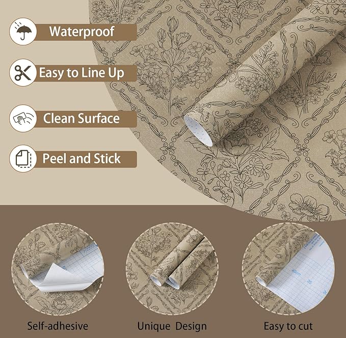 Toduso Peel and Stick Wallpaper Vintage Wall Paper Boho Contact Paper Brown
