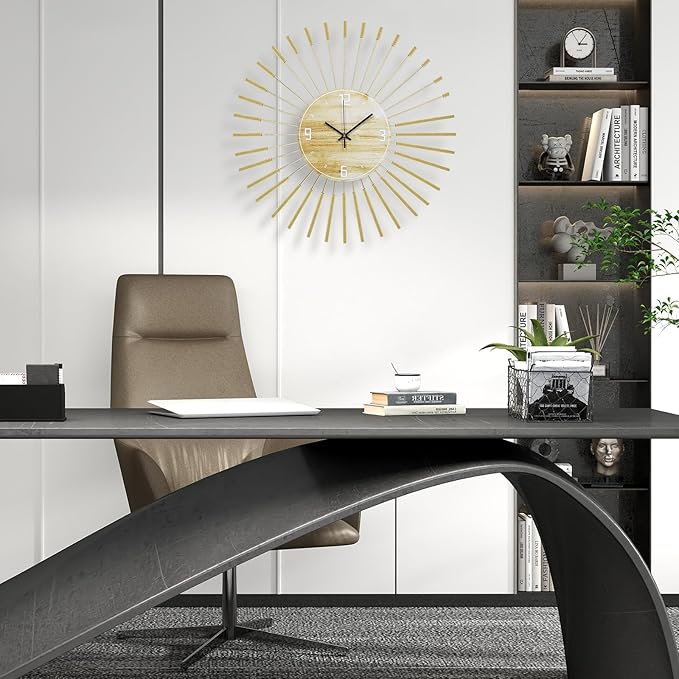 23.6 inch Gold Starburst Wall Clock, Metal & Wood Mid Century Modern Decorative