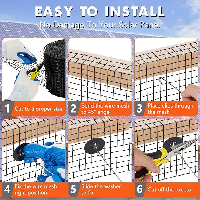 6in x 100ft Solar Panel Bird Guard & Critter Guard Mesh Kit, PVC Coated Wire Mesh Bird Wire with 100 Clips, 100 Cable Ties, Gloves, Pliers, DIY Bird Netting Solar Panel Bird Mesh Barrier