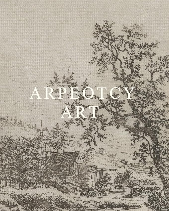 ARPEOTCY Extra Large Vintage Framed Wall Art, 36x54 Inch Sketch Houses Trees Landscape Hanging Canvas Prints, Scroll Wall Decor for Living Room Bedroom, Retro Scenery Pictures Above of Bed