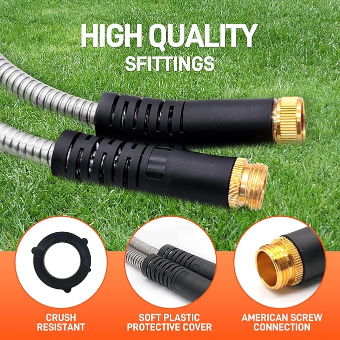 Besiter Garden Hose 100FT Stainless Steel Water Hose with 10 Functions Adjustable Spray Nozzle, Heavy-Duty Metal Garden Hose Flexible Durable No-Tangle & Kink Leak Dog Proof Hose for Yard Lawn(Orange)