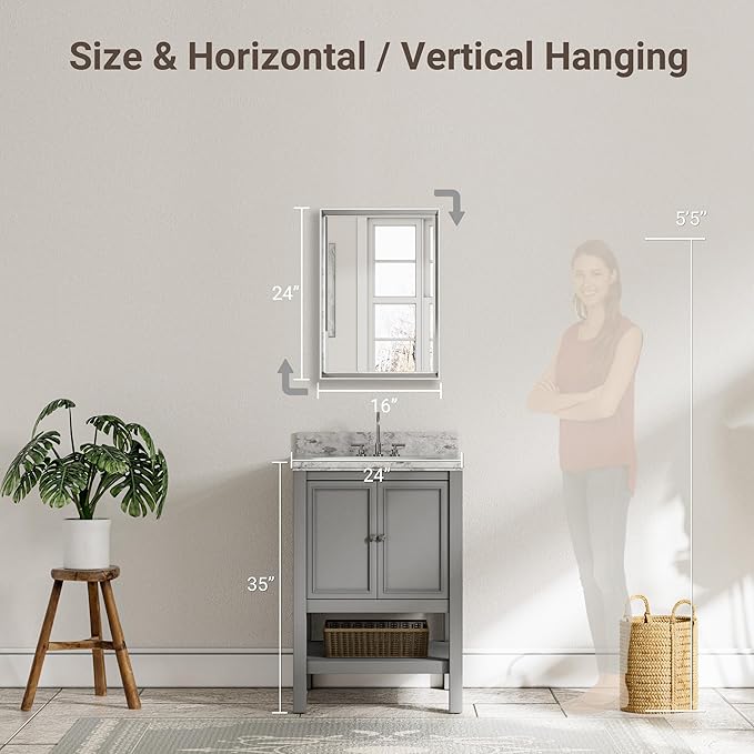 Brushed Nickel Bathroom Mirror, Rustproof Rectangle Framed Mirror