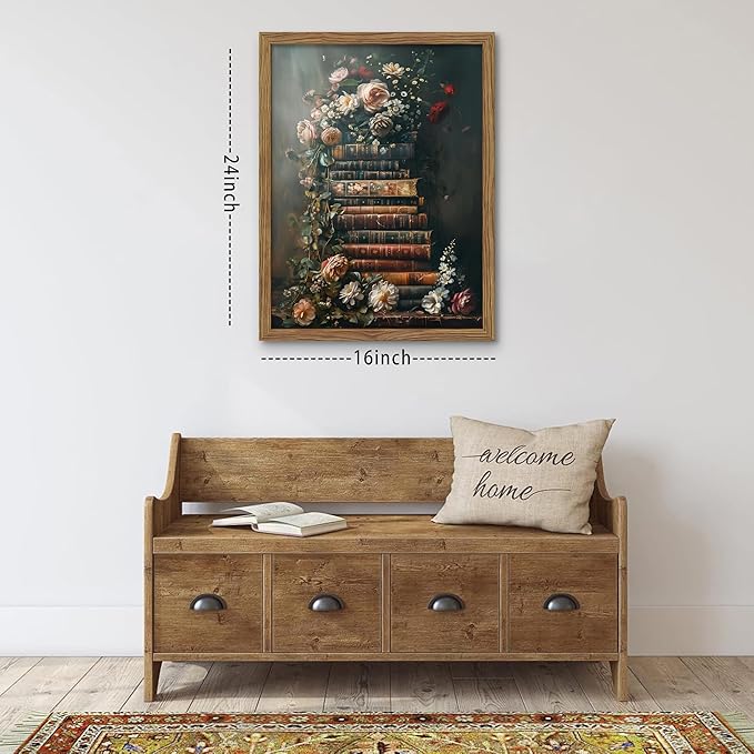 Vintage Framed Wall Art Flowers Books Canvas Prints, Dark Academia Wildflowers