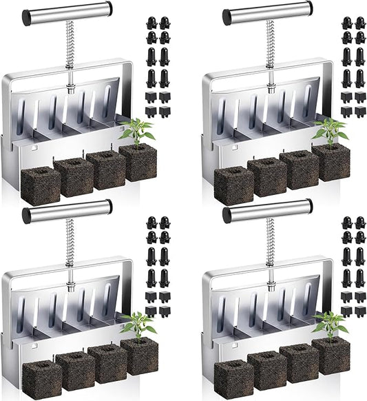 4 Pack Soil Blockers 2 Inch 4 Cell Soil Block Maker with 3 Sizes Seed Pins Comfortable Handle Handheld Blocking Tools for Seeds Starting Grow Seedling Cuttings Greenhouses Garden Outdoor