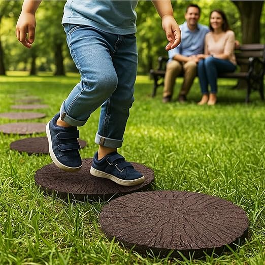 Tierra Verde 4-Pack 18”x18” Fake Cracked Log Rubber Stepping Stones, Round, Brown – Reversible Non-Slip Outdoor Faux Decorative Set for Landscaping – DIY Decor for Walkways & Yard Pathways