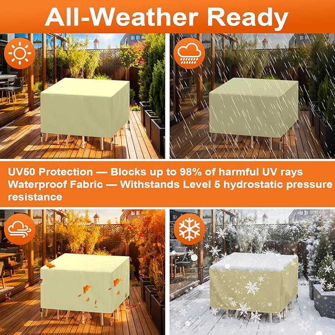 Patio Furniture Cover Rectangle 84"(L) x 48"(W) x 32"(H), Custom Heavy Duty 420D Waterproof Outdoor Cover with Drawstring & Buckles for Table Chair Garden, Cream