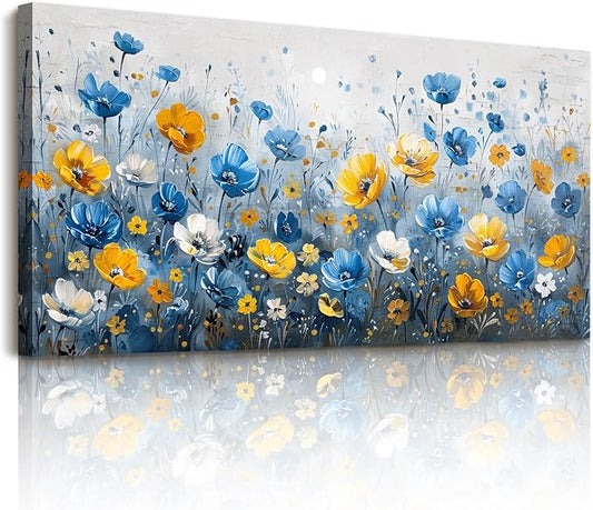 SERIMINO Flower Wall Art, Large Wall Art, Blue Wall Decor, Botanical Floral Canvas Prints, Natural Plant Watercolor Paintings for Living Room Bedroom Bathroom Farmhouse House Decorations 24"x48"