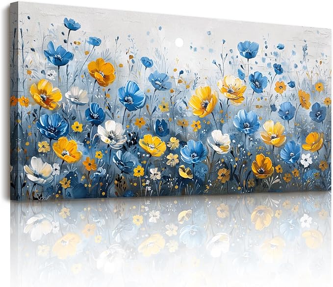 SERIMINO Floral Wall Art, Large Wall Art, Botanical Wall Decor, Blue and Yellow Wildflowers Art Prints, Modern Elegant Pictures for Living Room Bedroom Bathroom Kitchen Office Decorations 20"x40"