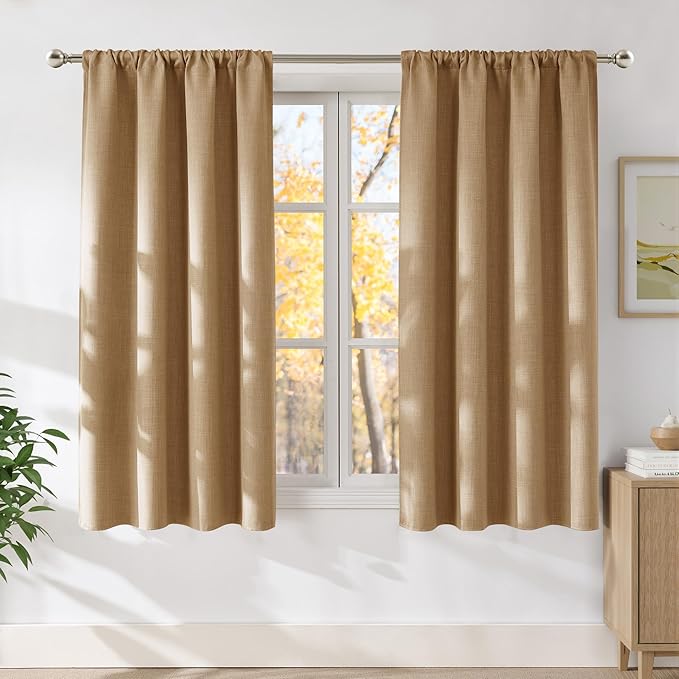 NICETOWN Caramel Faux Linen Room Darkening Rod Pocket Curtains 63 inch Length