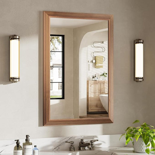 24x36 Inch Bathroom Mirror for Wall, Anti-Rust Walnut Wood Grain Metal Framed