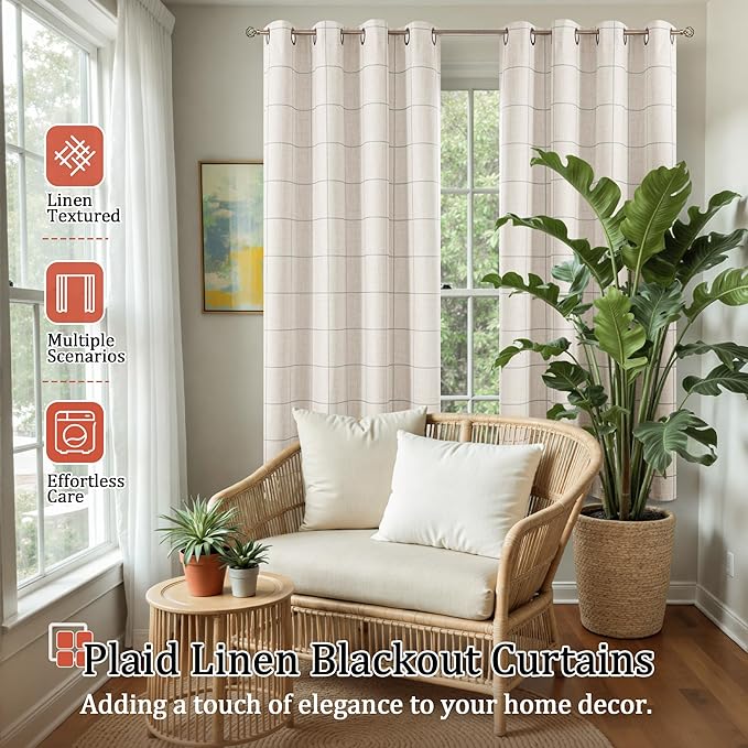 Lajode Grey Plaid Linen Blackout Curtains