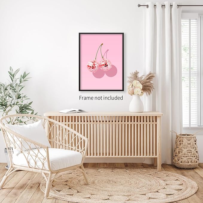 jkahh Pink Disco Ball Cherry Poster Retro Funky Preppy Fruit Wall Art Trendy