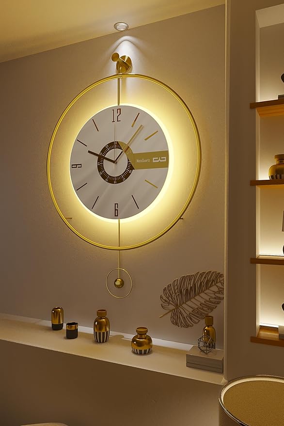 Large Luxury LED Backlit Wall Clock – Pendulum Roman Numeral Metal Ring