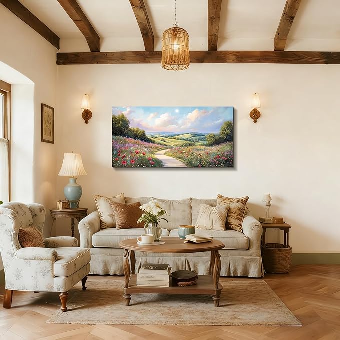 SERIMINO Large Landscape Wall Art, Floral Wall Art, Nature Wall Decor, Country Chic Painting Prints, Sunny Outdoor Scenic Pictures for Living Room Bedroom Modern Farmhouse Home Decorations 24"x48"