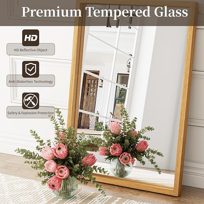 Syndra Natural Wood Frame Bathroom Mirror, 24x36'' Modern Vanity Mirror