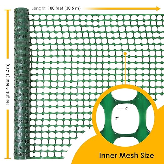 Houseables Fencing, Temporary Fence, Snow Fence, 4x100' Feet, 10.55 lb/roll, Green Plastic Fencing, Deer Netting, Plastic Mesh Roll, Safety Netting, Construction, Yard, Garden, Chicken, Dogs, Backyard