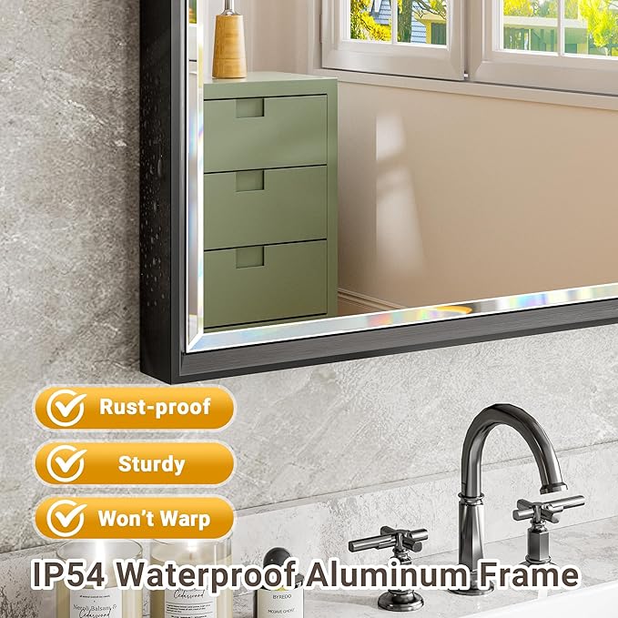 Black Framed Mirror for Bathroom, 24x36 Inch Black Rectangle Beveled Bathroom