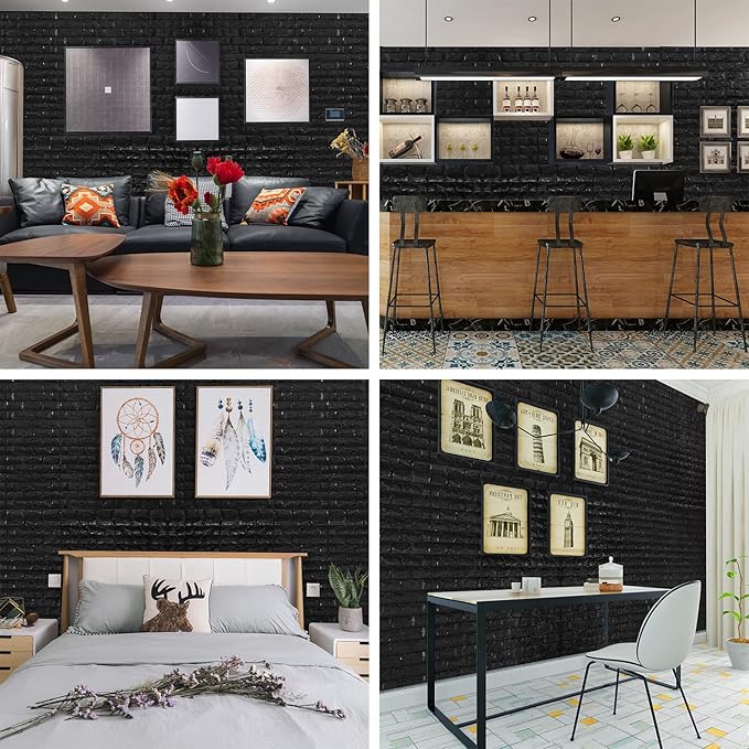 YU LI 3DH 3D Wall Panels Peel and Stick 11PCS Black Foam Brick Wallpaper
