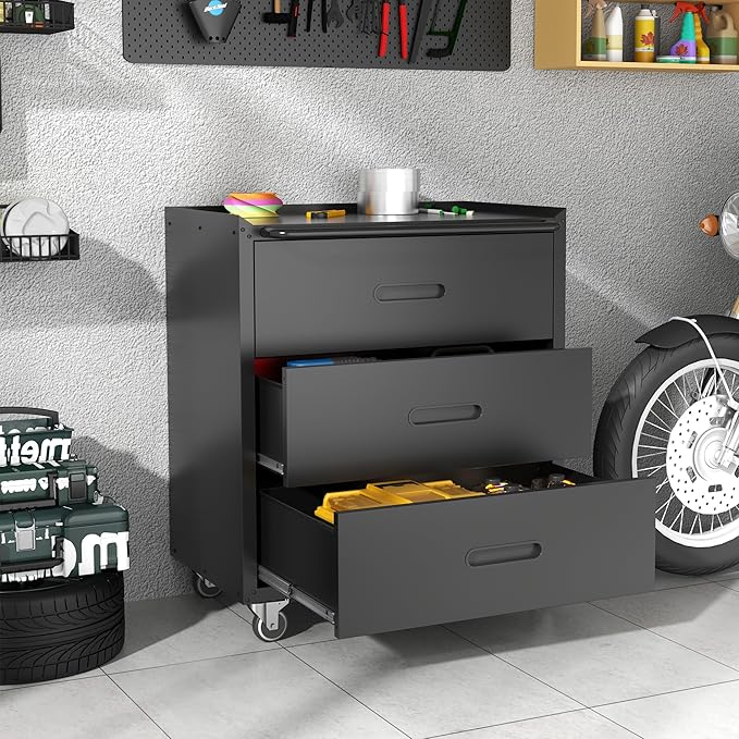 Metal Storage Cabinet with Wheels, Garage Storage Cabinet with 3 Drawers