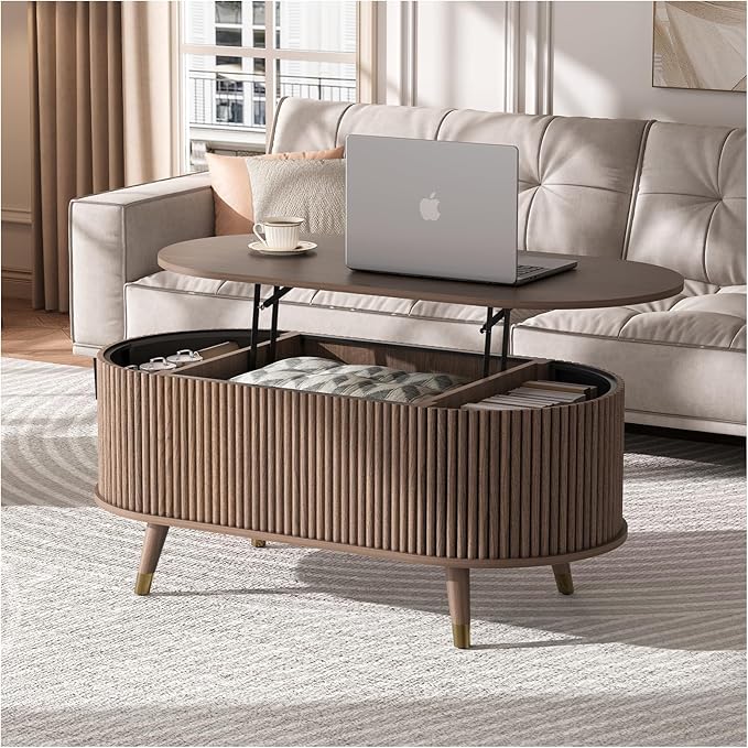 JOINICE 42.5" Oval Lift Top Coffee Table with Storage, Mid Century Modern Walnut Center Table with Fluted Design, Solid Wood Legs & Hidden Compartment, Pop Up Cocktail Table for Living Room