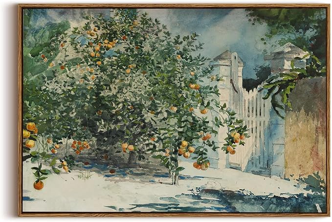 OIQArtOIQ Framed Vintage Landscape Wall Art Orange Trees Still Life Oil