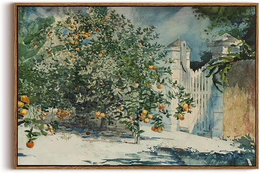 OIQArtOIQ Framed Vintage Landscape Wall Art Orange Trees Still Life Oil
